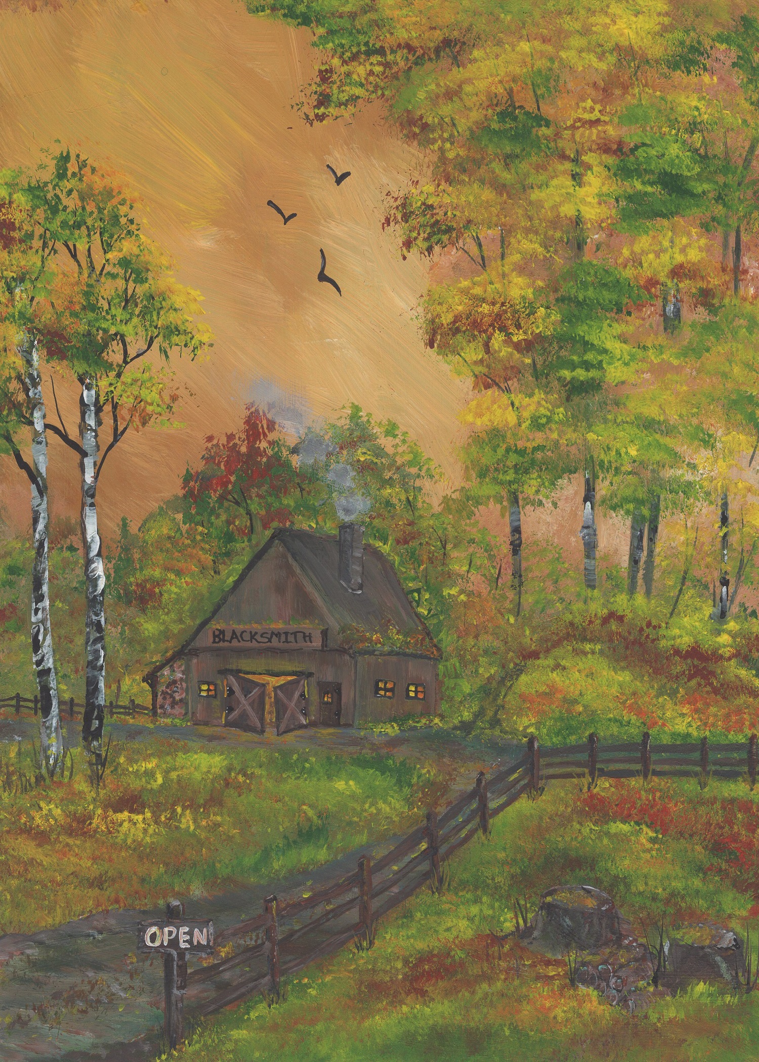The Artistic All-In-One Collection 2 Hand-painted greeting card featuring a rustic autumn scene with an orange sky and an old building.