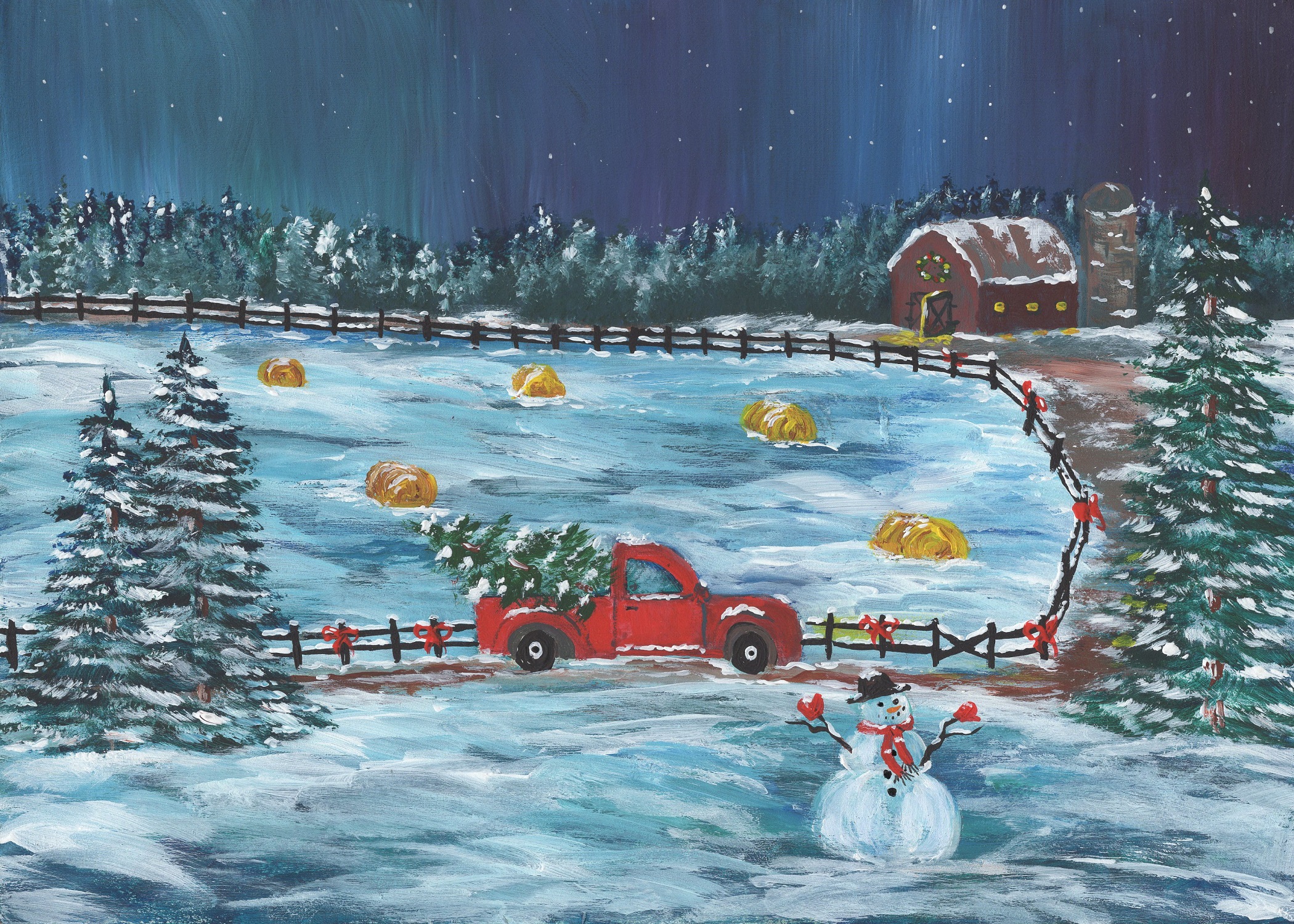 The Artistic All-In-One Collection 8 Hand-painted greeting card featuring a vintage red truck carrying a Christmas tree in a snowy winter landscape.