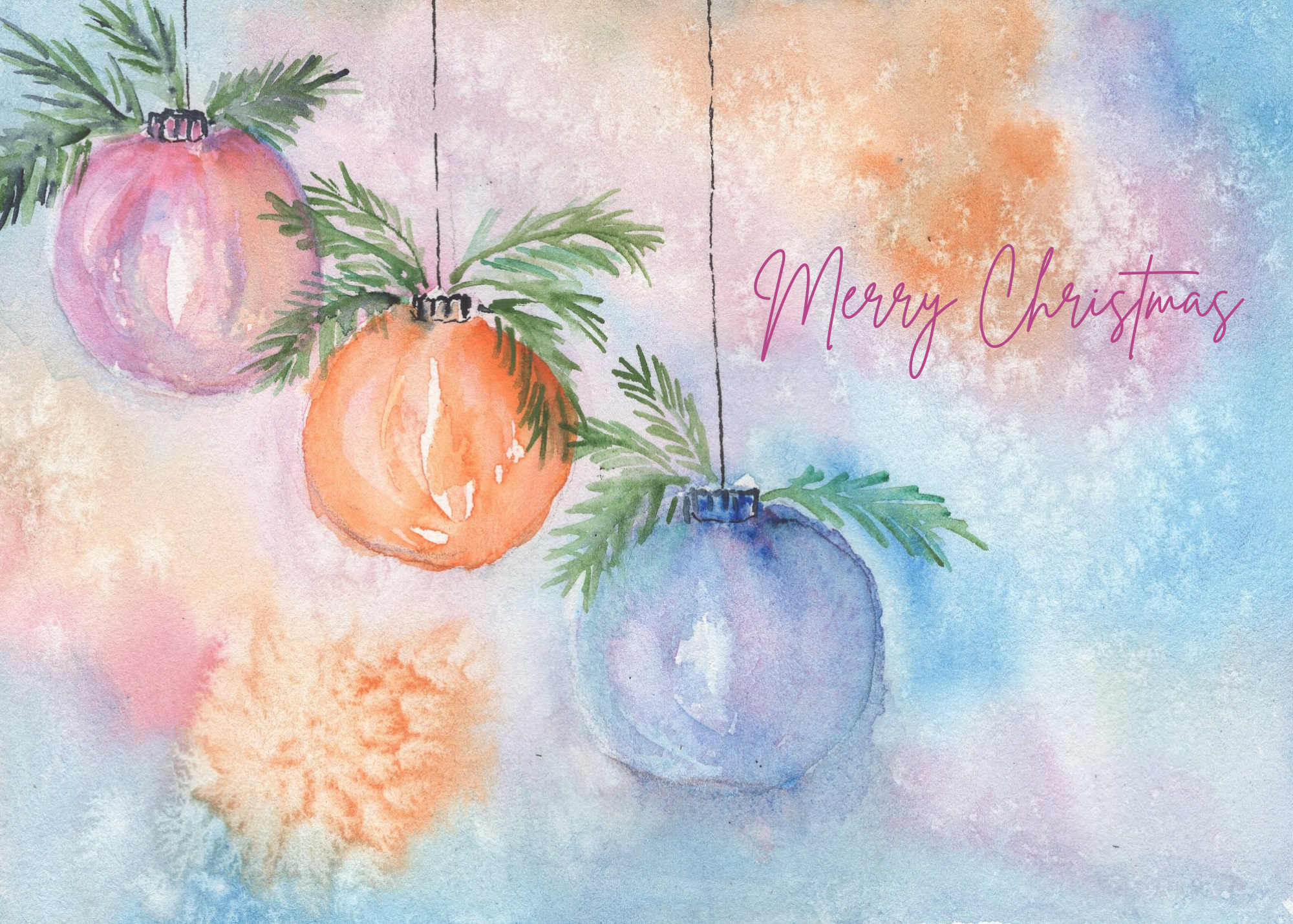 The Timeless Envelope Collection 10 Hand-painted greeting card featuring soft blue, pink, and peach Christmas bulbs with pine boughs in a watercolor background.