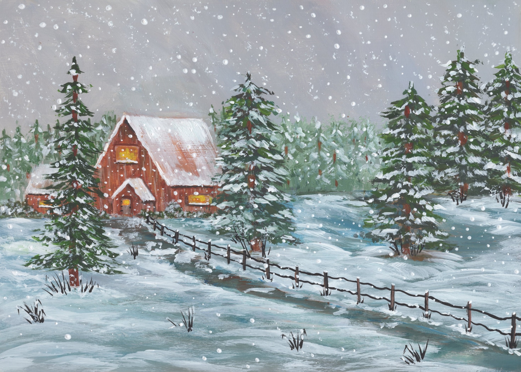 The Timeless Envelope Collection 2 Hand-painted greeting card featuring a snowy winter scene with a warmly lit building surrounded by pine trees and a wooden fence leading up to it.