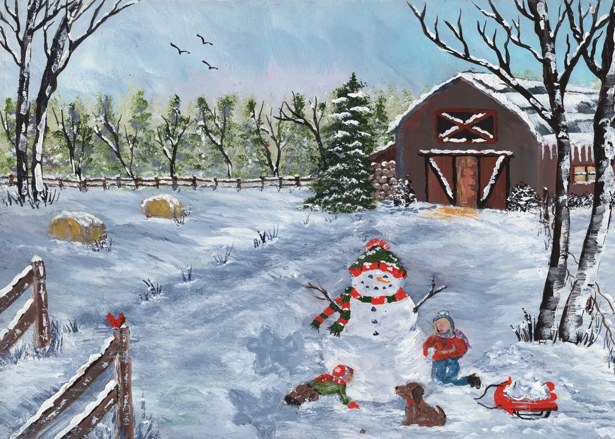 The Artistic All-In-One Collection 4 Hand-painted winter greeting card featuring children building a snowman near a blacksmith’s barn.