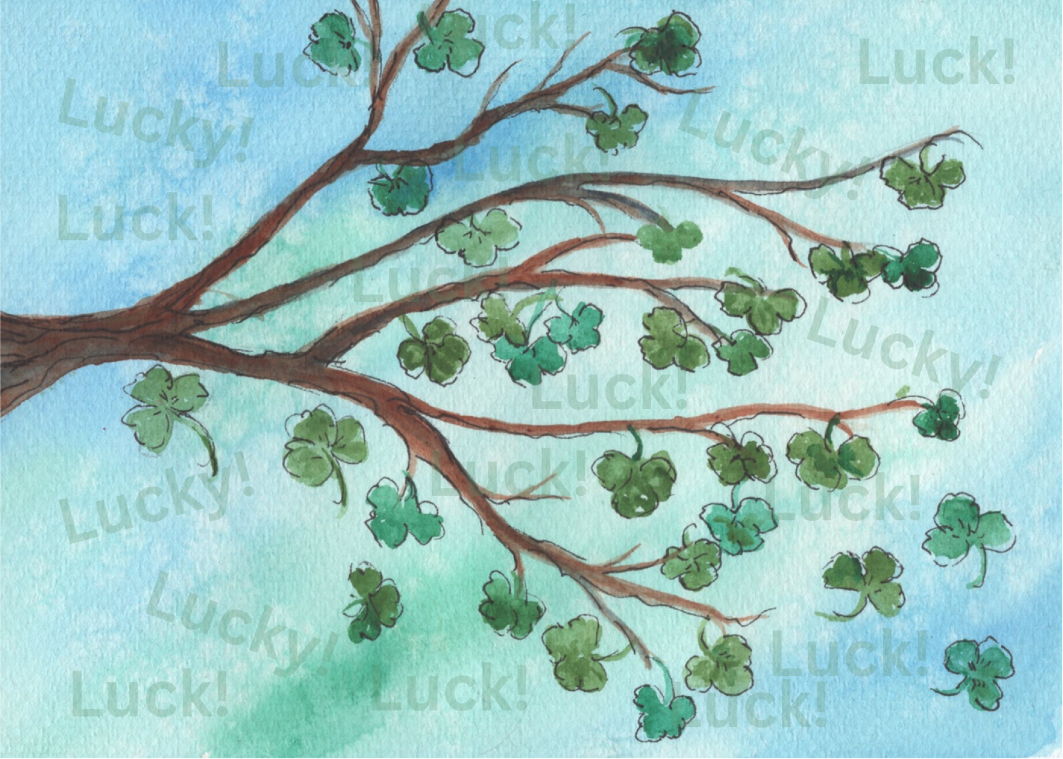 The Timeless Envelope Collection 7 Hand-painted greeting card featuring a tree branch with four-leaf clovers and the word 'lucky' in watercolor.