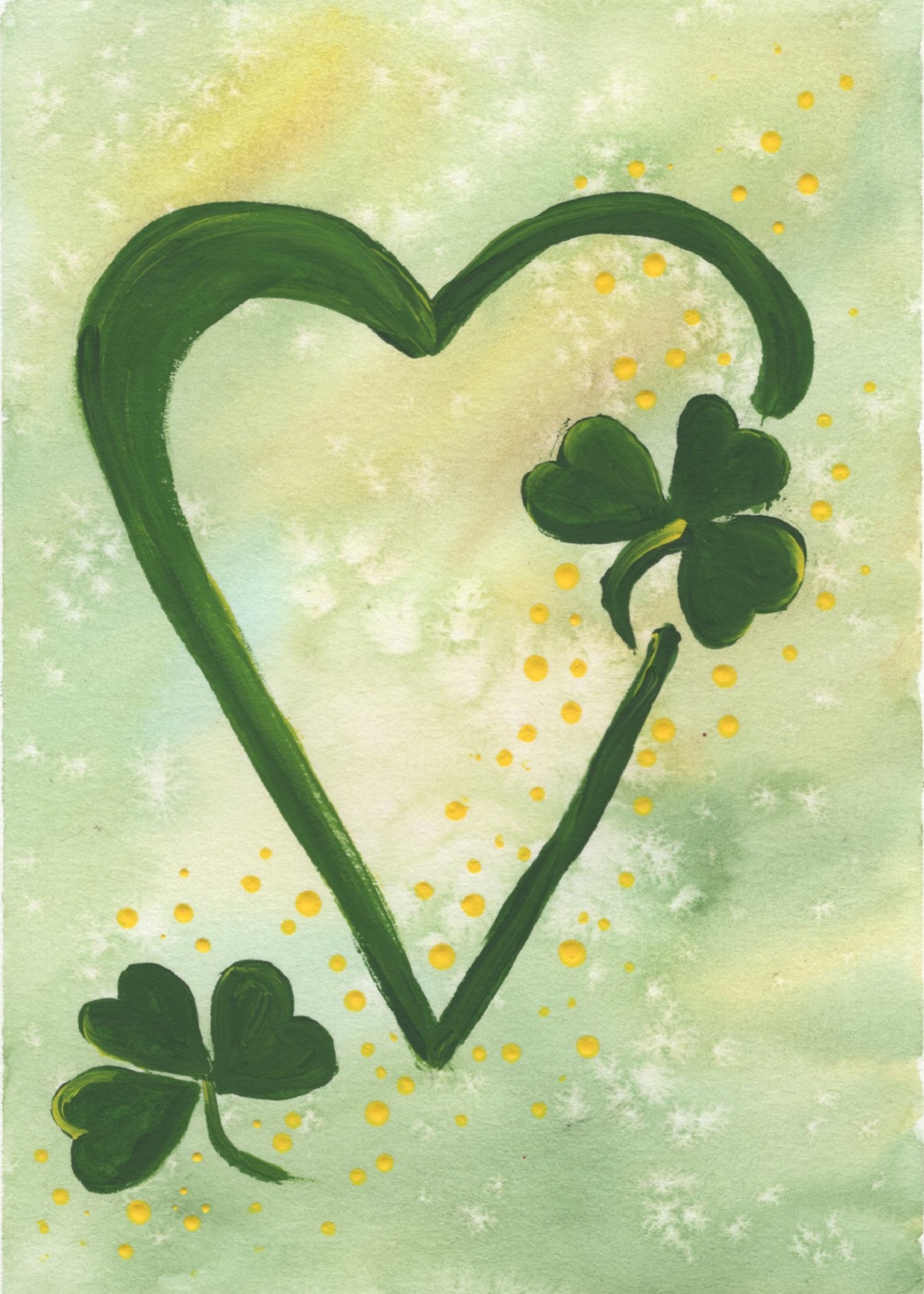 The Artistic All-In-One Collection 5 Hand-painted St. Patrick’s Day greeting card with a heart and three-leaf clovers for good luck.