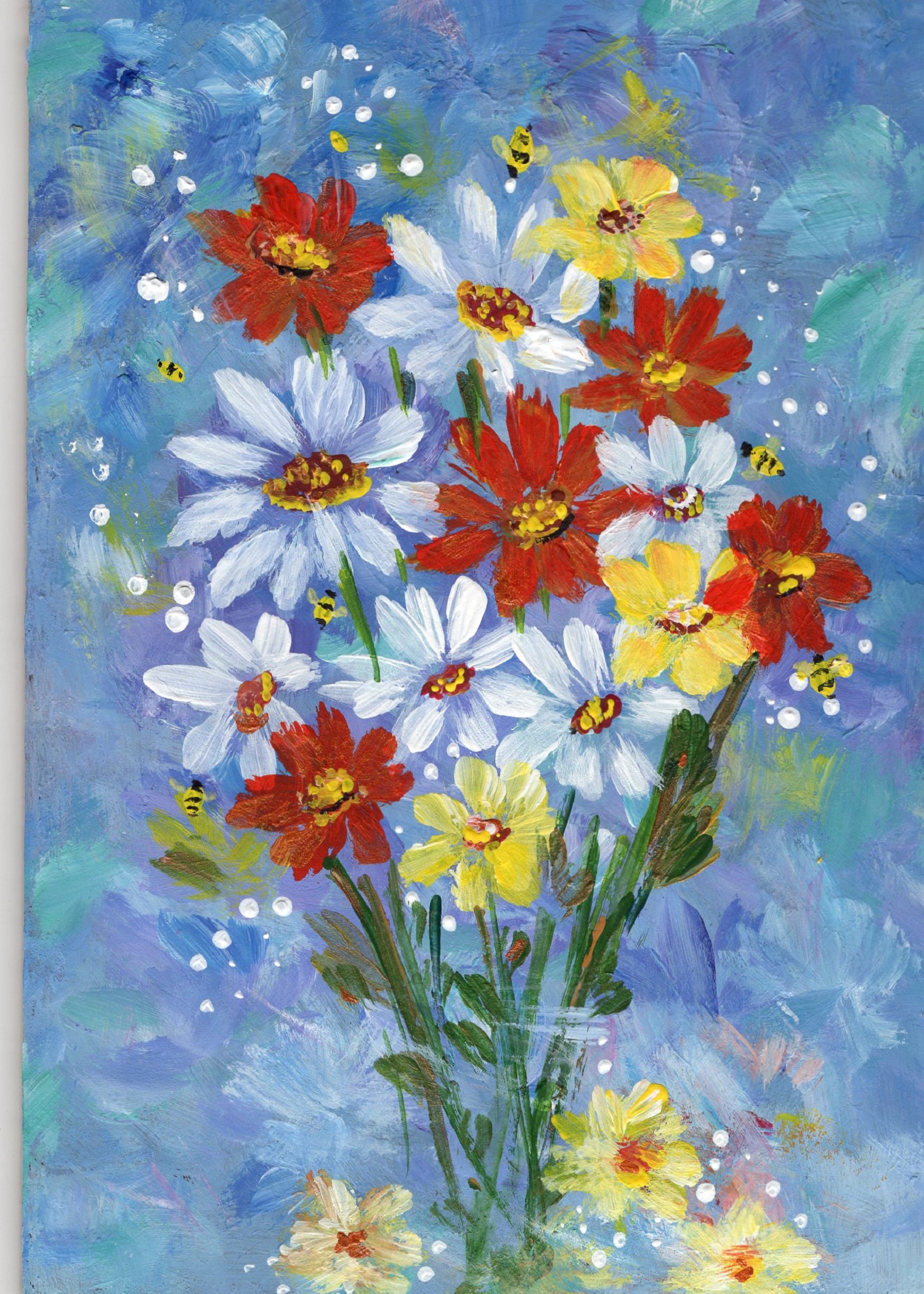 The Timeless Envelope Collection 6 Hand-painted greeting card featuring a bouquet of bright yellow, red, and white daisies against a blue background.