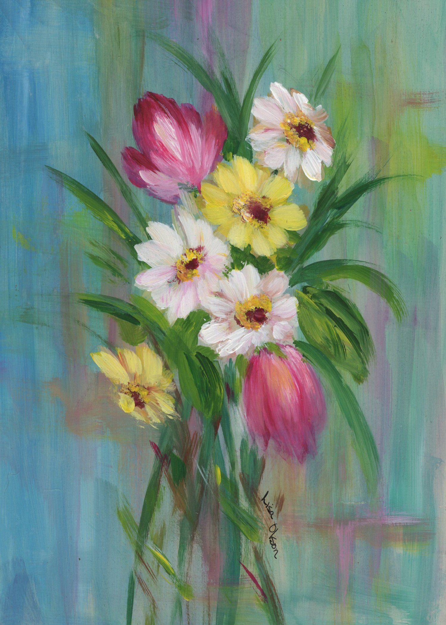 The Timeless Envelope Collection 8 Hand-painted greeting card featuring a spring bouquet of pink tulips, yellow, and white daisies.