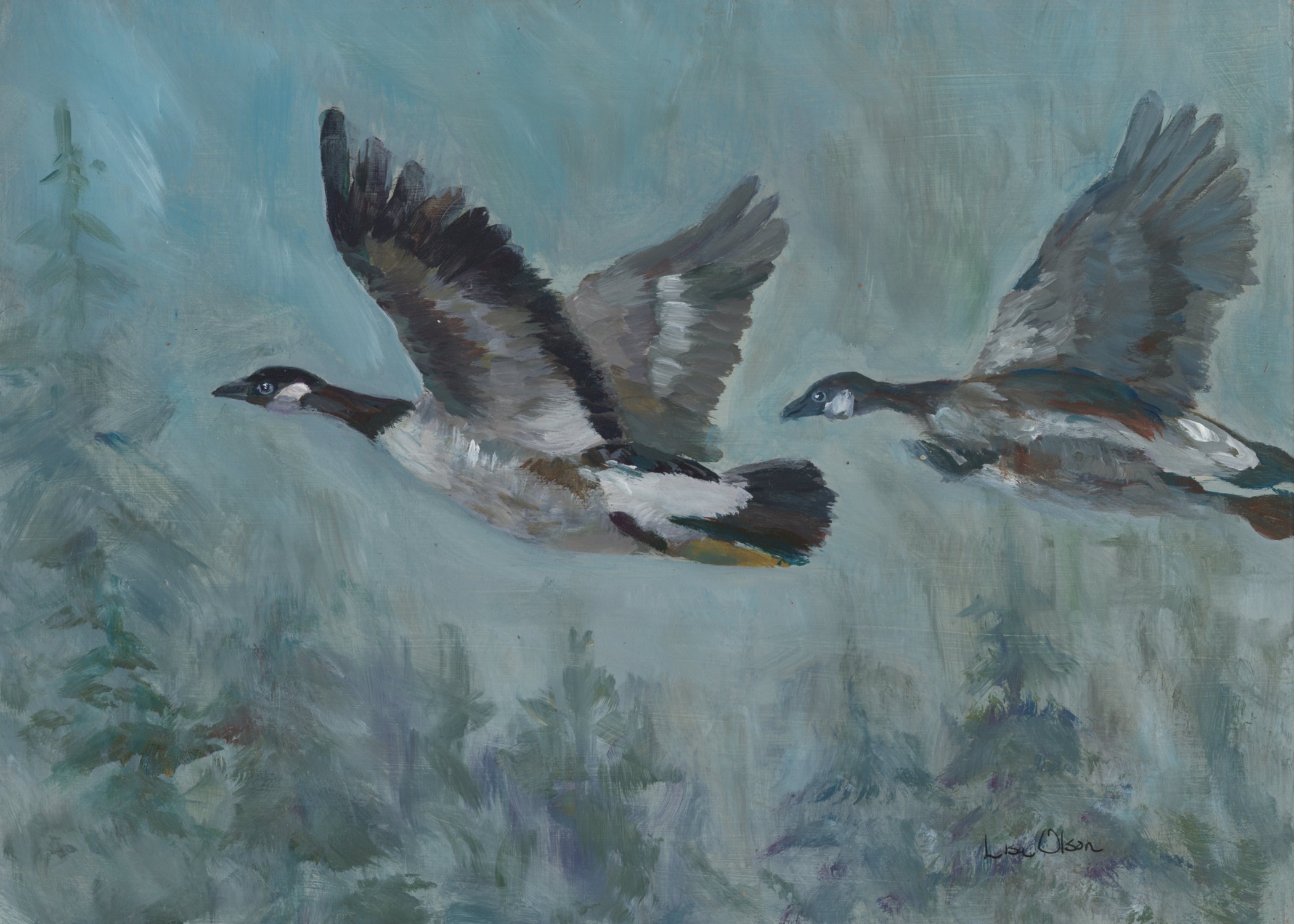 The Timeless Envelope Collection 5 Hand-painted greeting card featuring two geese soaring against a soft, wispy tree background.