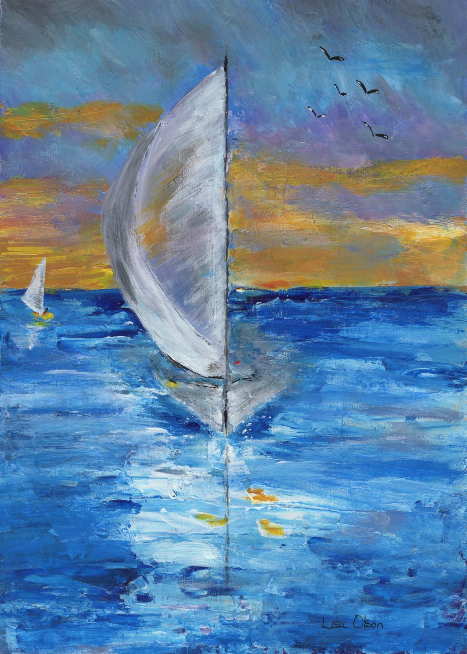 The Timeless Envelope Collection 3 Hand-painted greeting card featuring a sailboat on calm blue waters with a golden sunset reflection.