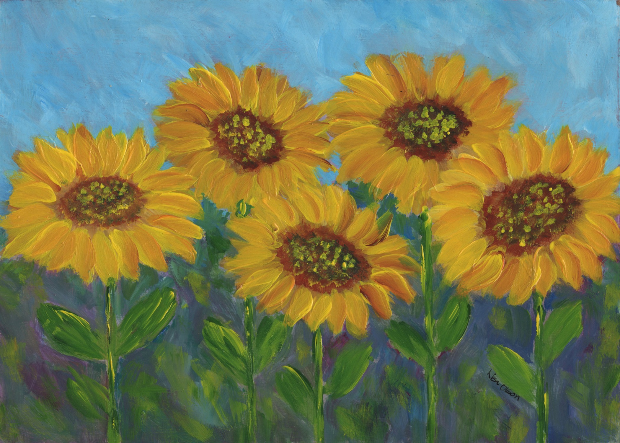 The Artistic All-In-One Collection 9 Hand-painted greeting card featuring five large open yellow sunflowers.