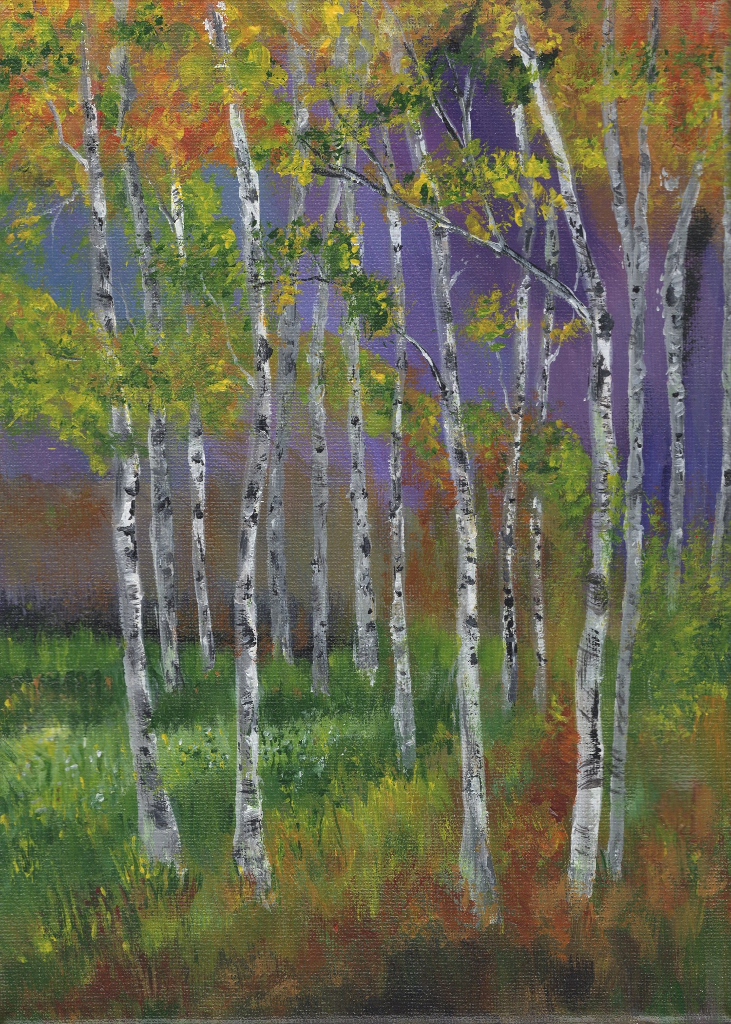 The Timeless Envelope Collection 4 Hand-painted greeting card featuring a grove of birch trees with red and yellow autumn leaves under a purple sky.