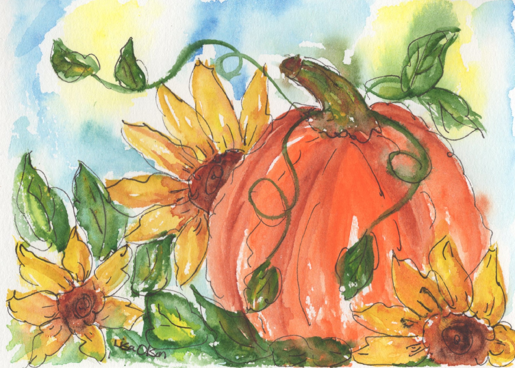 The Artistic All-In-One Collection 1 Hand-painted watercolor greeting card featuring a large orange pumpkin and sunflowers.