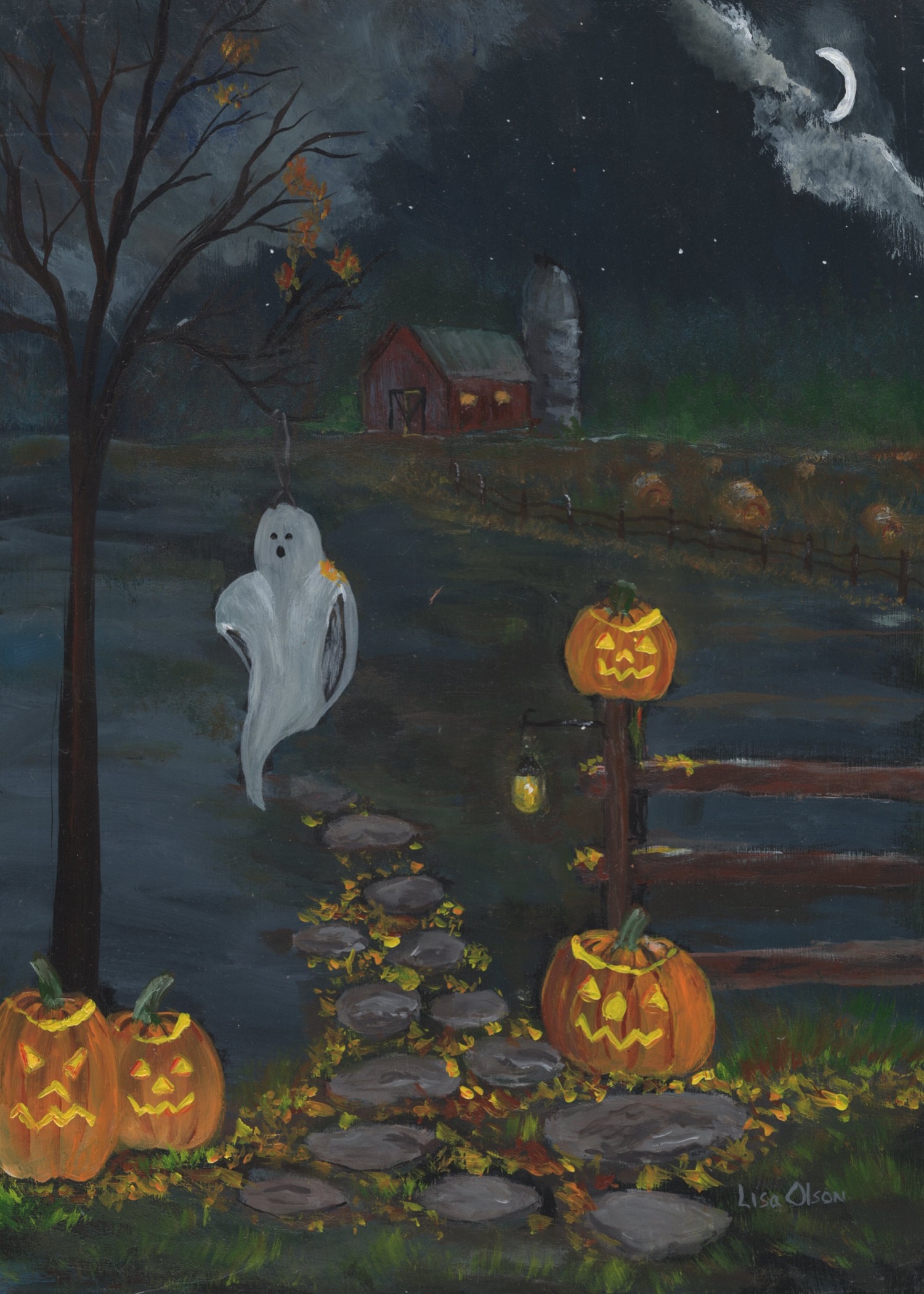 The Timeless Envelope Collection 11 Hand-painted greeting card featuring a Halloween scene with glowing pumpkins, a ghostly tree, and a lit-up barn in the distance.